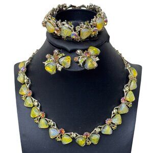 Florenza Vintage Jewelry Set Necklace Bracelet Earrings Yellow UV GLOWS Clip-On